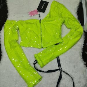 Neon Lime Sequin One Shoulder Crop Top- PLT NWL SIZE 0 ZIPPER CLOSURE